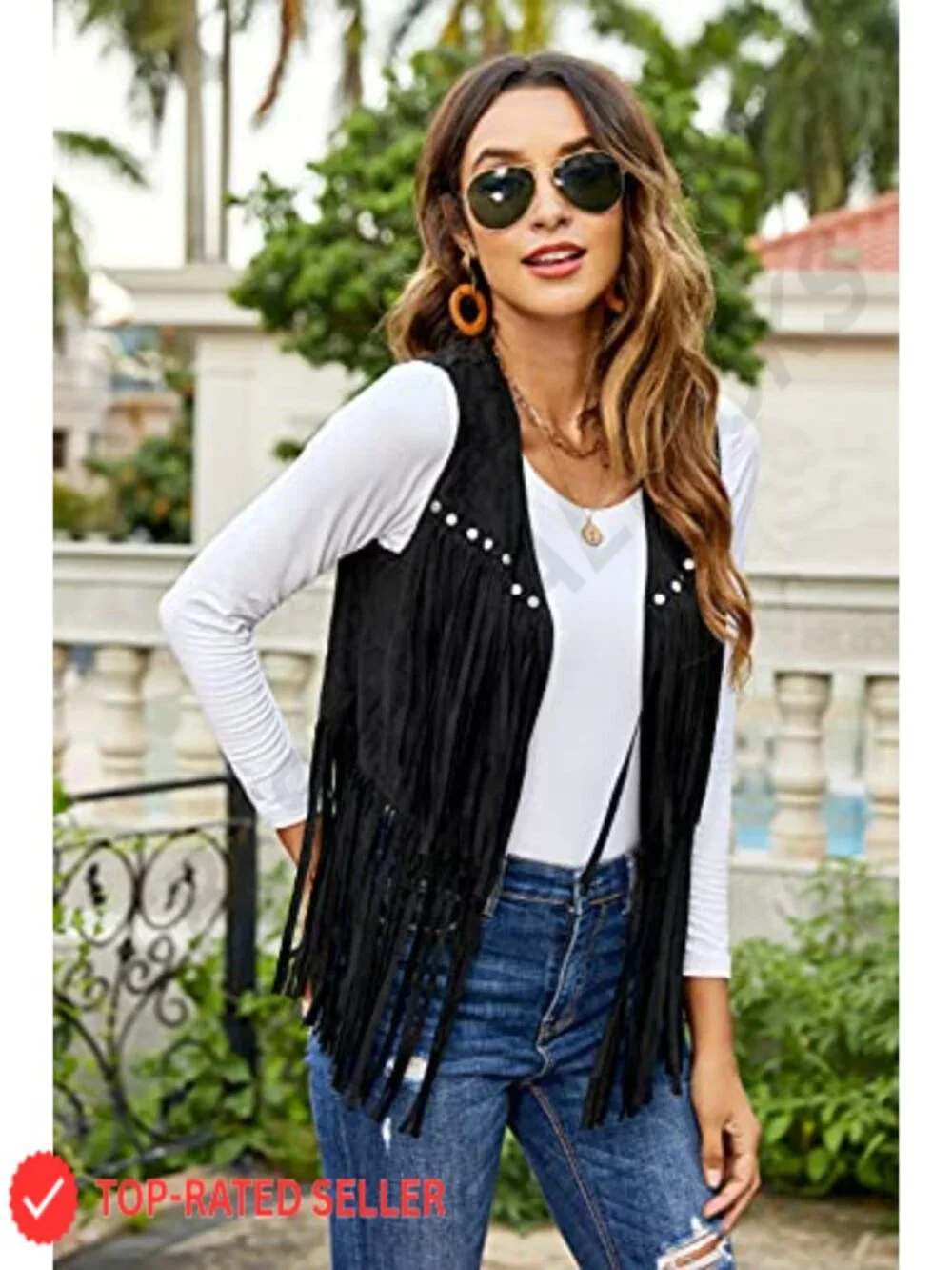 Faux Suede Fringe Vest Sleeveless 70s Hippie Cowgirl Western Tassel